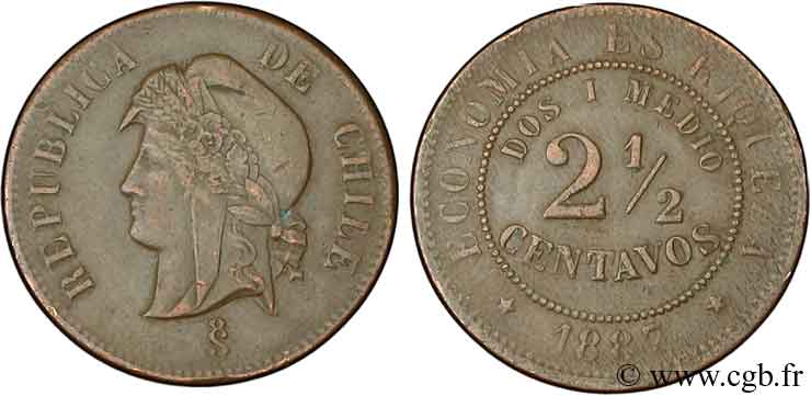 CHILI 2 1/2 Centavos 1887 Santiago - S° TTB 