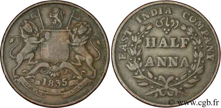 INDES BRITANNIQUES 1/2 Anna East India Company 1835 Madras TB+ 