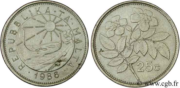 MALTE 25 Cents fleur Ghirlanda 1986  TTB 
