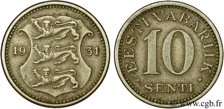 ESTONIE 10 Senti emblème aux 3 lions 1931  TB+ 