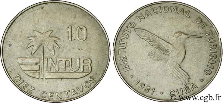 CUBA 10 Centavos monnaie pour touristes Intur “10” fin 1981  TTB 