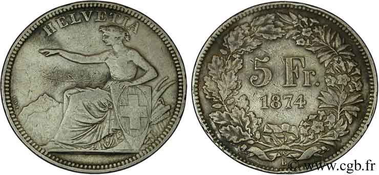 SUISSE 5 Francs Helvetia assise à l’écu 1874 Bruxelles - B. TB 