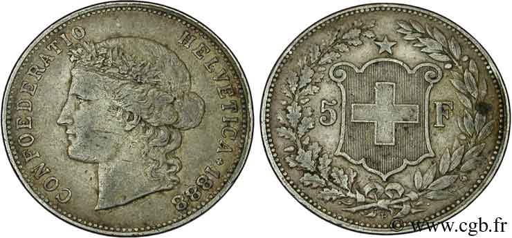 SUISSE 5 Francs Helvetia buste 1888 Berne - B TB 