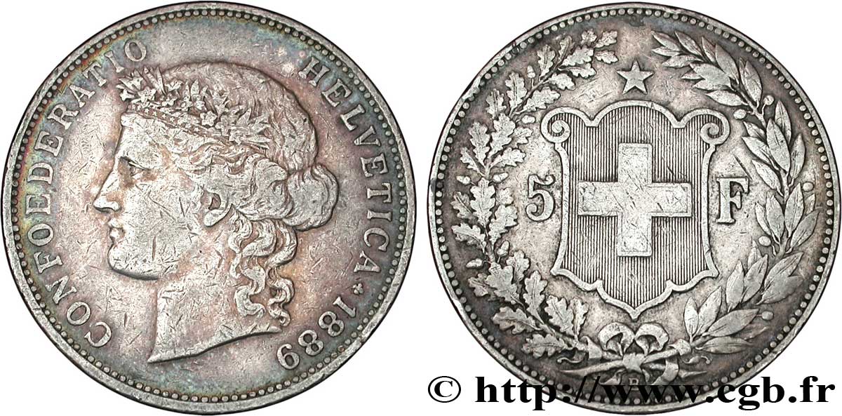 SUISSE 5 Francs Helvetia buste 1889 Berne - B TB 