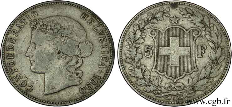 SUISSE 5 Francs Helvetia buste 1890 Berne TB 
