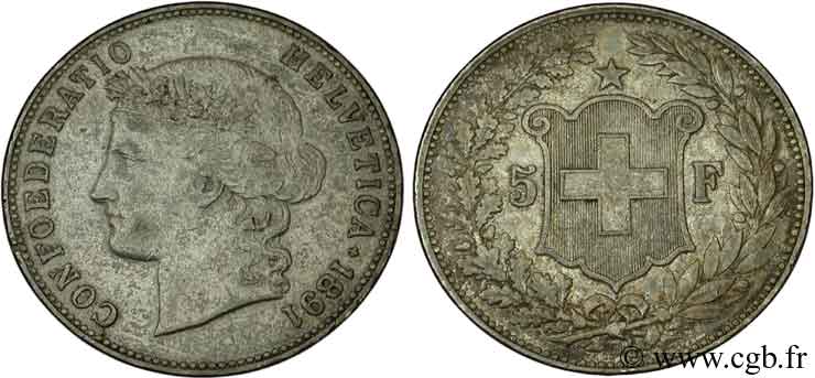 SUISSE 5 Francs Helvetia buste 1891 Berne - B TB 