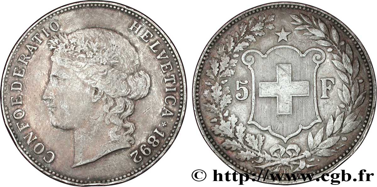 SUISSE 5 Francs Helvetia buste 1892 Berne - B TTB 