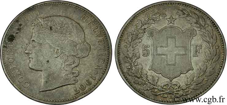 SUISSE 5 Francs Helvetia buste 1907 Berne - B TB+ 