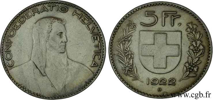 SUISSE 5 Francs berger / écu 1922 Berne - B TB+ 