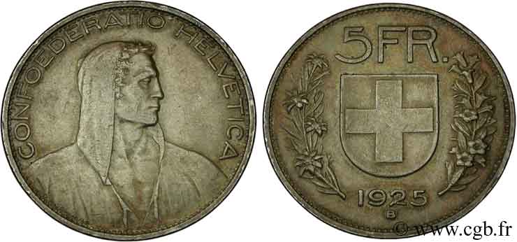 SUISSE 5 Francs berger / écu 1925 Berne - B TTB+ 