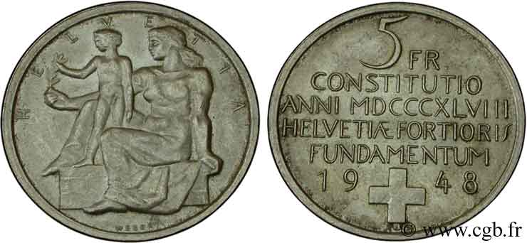 SUISSE 5 Francs centenaire de la constitution suisse 1948 Berne - B SUP 