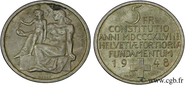 SUISSE 5 Francs centenaire de la constitution suisse 1948 Berne - B TTB 