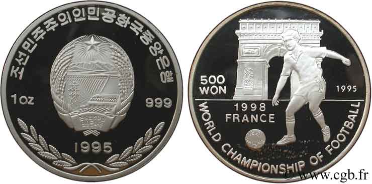 CORÉE DU NORD 500 Won emblème / coupe du Monde 1998, Arc de triomphe et joueur 1995  FDC 
