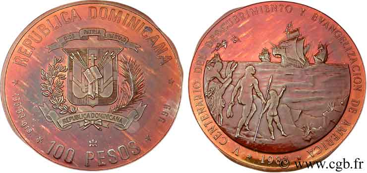 RÉPUBLIQUE DOMINICAINE 100 Pesos argent coloré rouge 500e anniversaire de la découverte et de l’évangélisation de l’Amérique 1988  SPL 