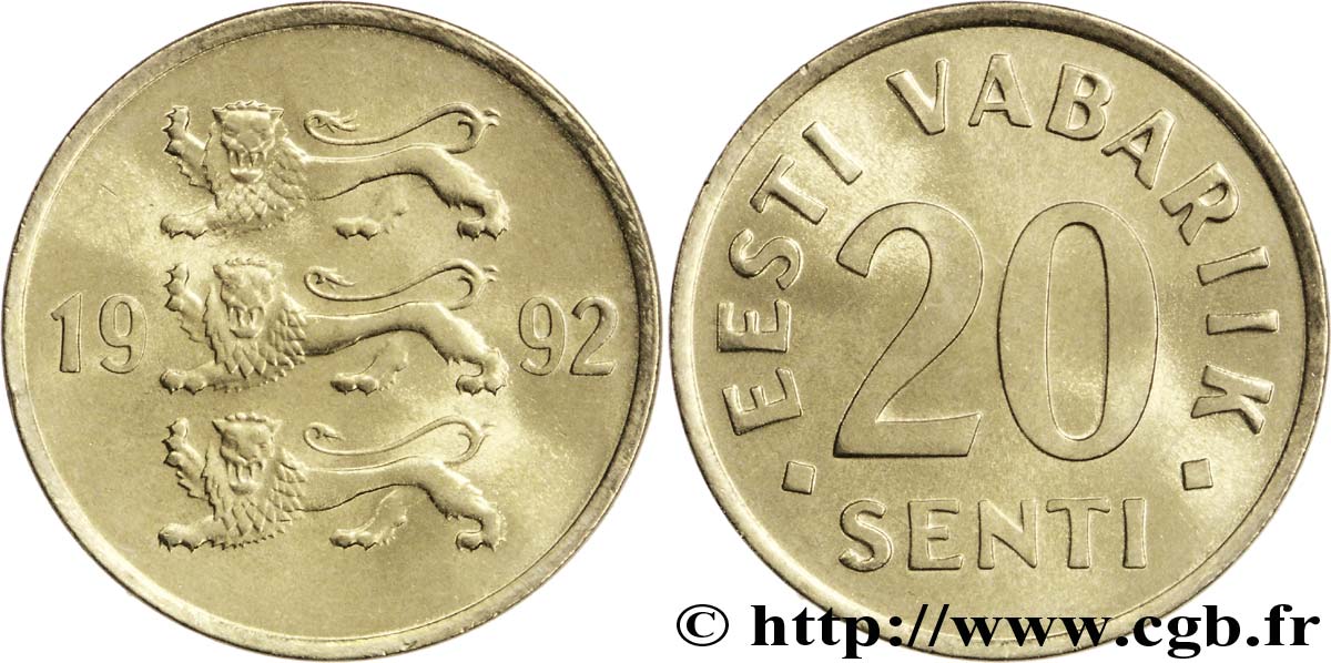 ESTONIE 20 Senti emblème aux 3 lions 1992  SPL 