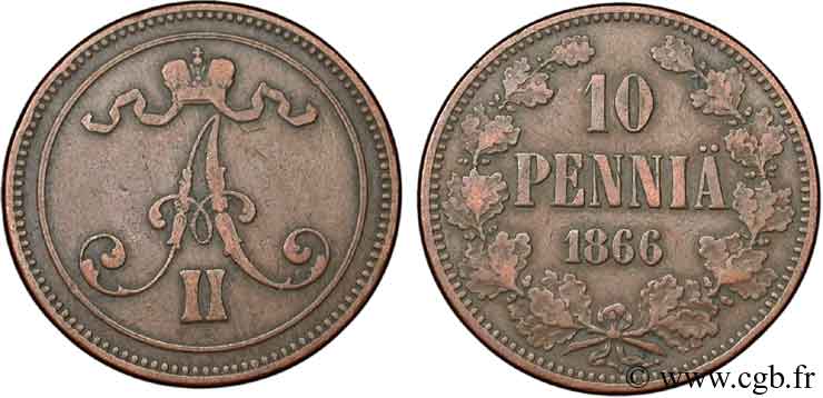 FINLANDE 10 Pennia monogramme Alexandre II 1866  TB+ 