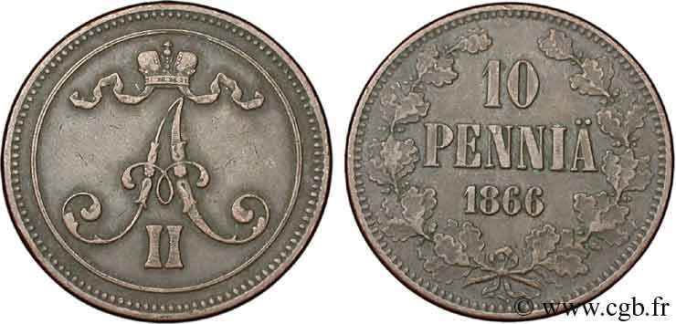 FINLANDE 10 Pennia monogramme Alexandre II 1866  TTB 