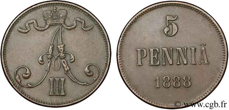 FINLANDE 5 Pennia monogramme Tsar Alexandre III 1888  TTB+ 