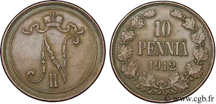 FINLANDE 10 Pennia monogramme Tsar Nicolas II 1912  TTB 