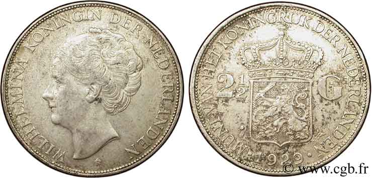PAYS-BAS 2 1/2 Gulden Wilhelmina 1929  TB+ 
