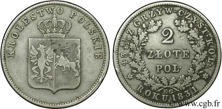 POLOGNE 2 Zlote monnayage révolutionnaire 1831 Varsovie TTB 