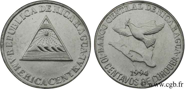 NICARAGUA 10 Centavos emblème / carte du pays et colombe de la paix 1994  SPL 