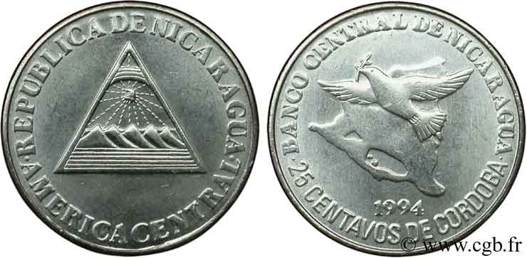 NICARAGUA 25 Centavos emblème / carte du pays et colombe de la paix 1994  SPL 