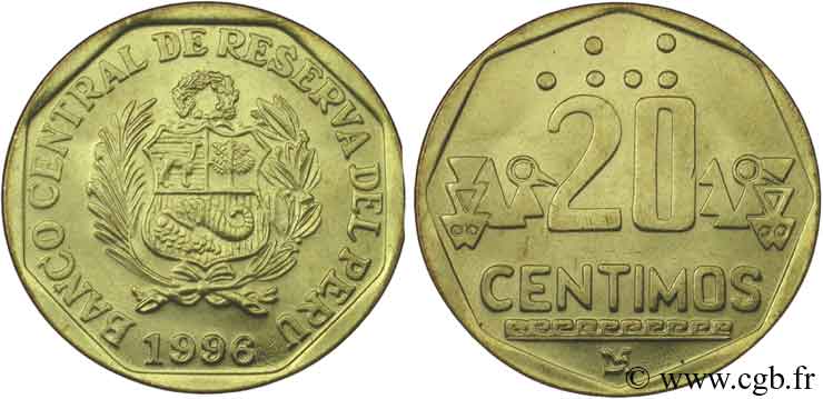 PÉROU 20 Centimos emblème 1996  SPL 