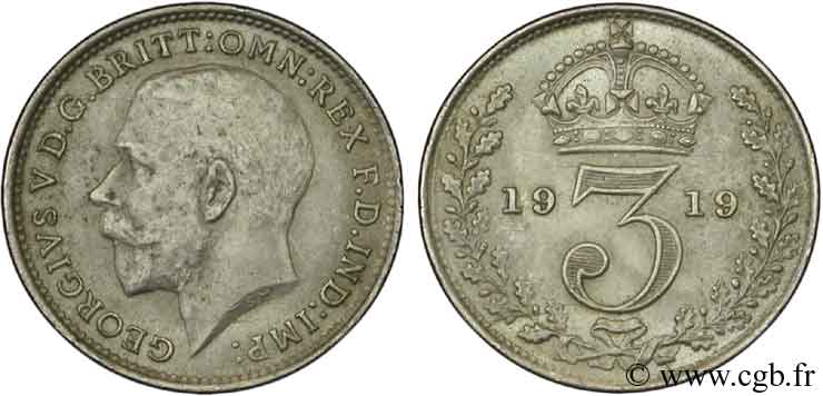 ROYAUME-UNI 3 Pence Georges V / couronne 1919  SPL 
