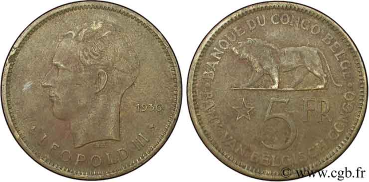 CONGO BELGE 5 Francs roi Léopold II / lion 1936 TB