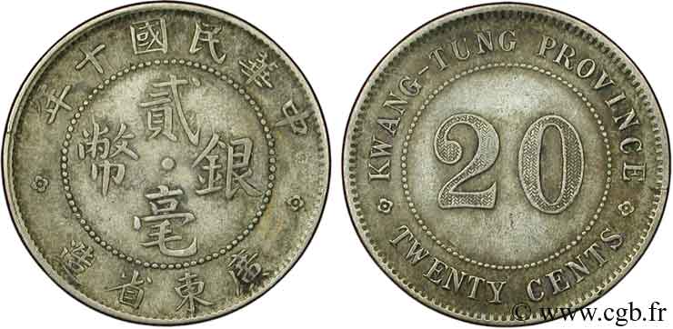 CHINE 20 Cents  province de Kwangtung  an 10 de la République 1921 Guangzhou (Canton) TTB+ 