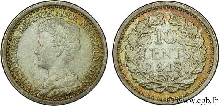 PAYS-BAS 10 Cents Reine Wilhelmina 1918 Utrecht SPL 