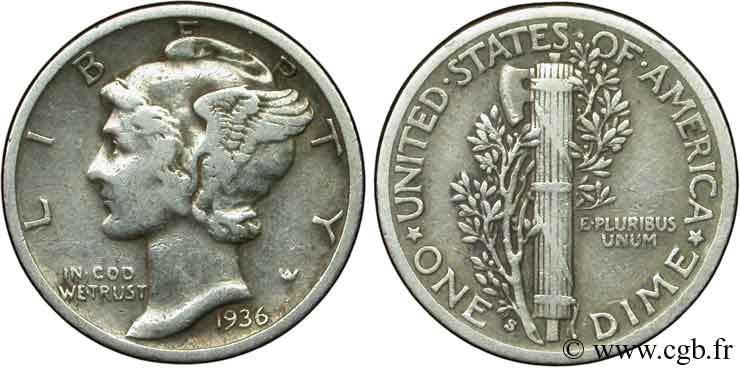 ÉTATS-UNIS D AMÉRIQUE 10 Cents Mercure 1936 San Francisco - S TTB 
