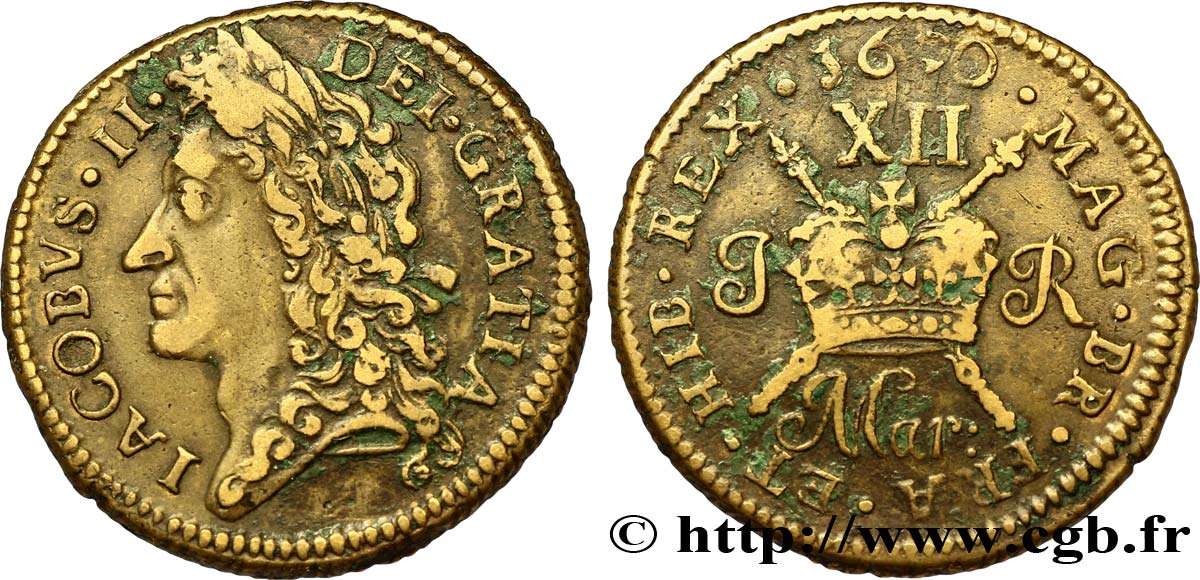 IRLANDE 1/2 Crown Jacques II (James Stuart) frappe de la Guerre Civile frappée sur petit flan pour le mois de Mars, variété “Mar.” 1690  TTB 