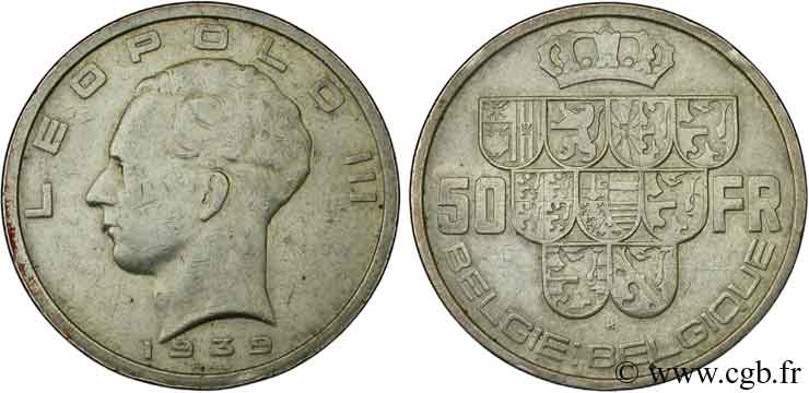BELGIQUE 50 Francs Léopold III légende Belgie-Belgique position A 1939  TTB 