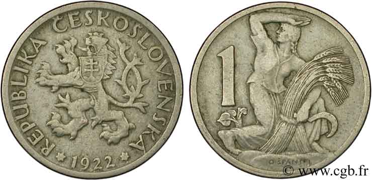 TCHÉCOSLOVAQUIE 1 Koruna lion / moissonneuse 1922  TTB 