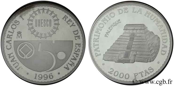 ESPAGNE 2000 Pesetas BE série Patrimoine de l’Humanité, pyramide aztèque de Palenque 1996  FDC 