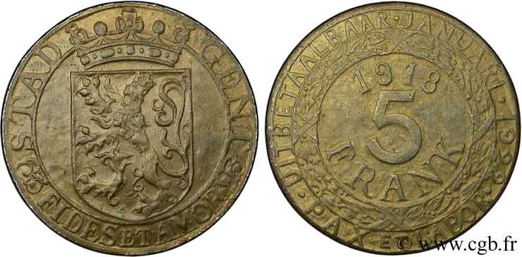 BELGIQUE 5 Francs ville de Gand occupée, lion de Flandres 1918  SUP 