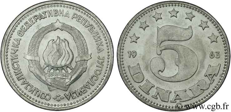YUGOSLAVIA 5 Dinara emblème de la RFSY 1963  SC 