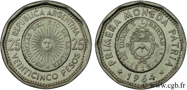 ARGENTINE 25 Pesos commémoration de la première frappe de monnaie nationale en 1813 1964  SPL 