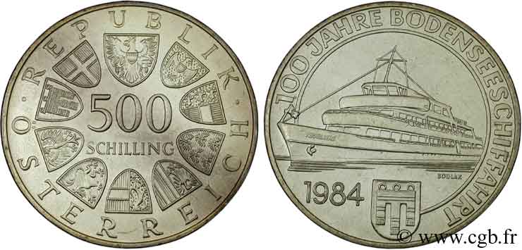 AUTRICHE 500 Schilling 100e anniversaire de la navigation commerciale sur le lac de Constance 1984  SPL 