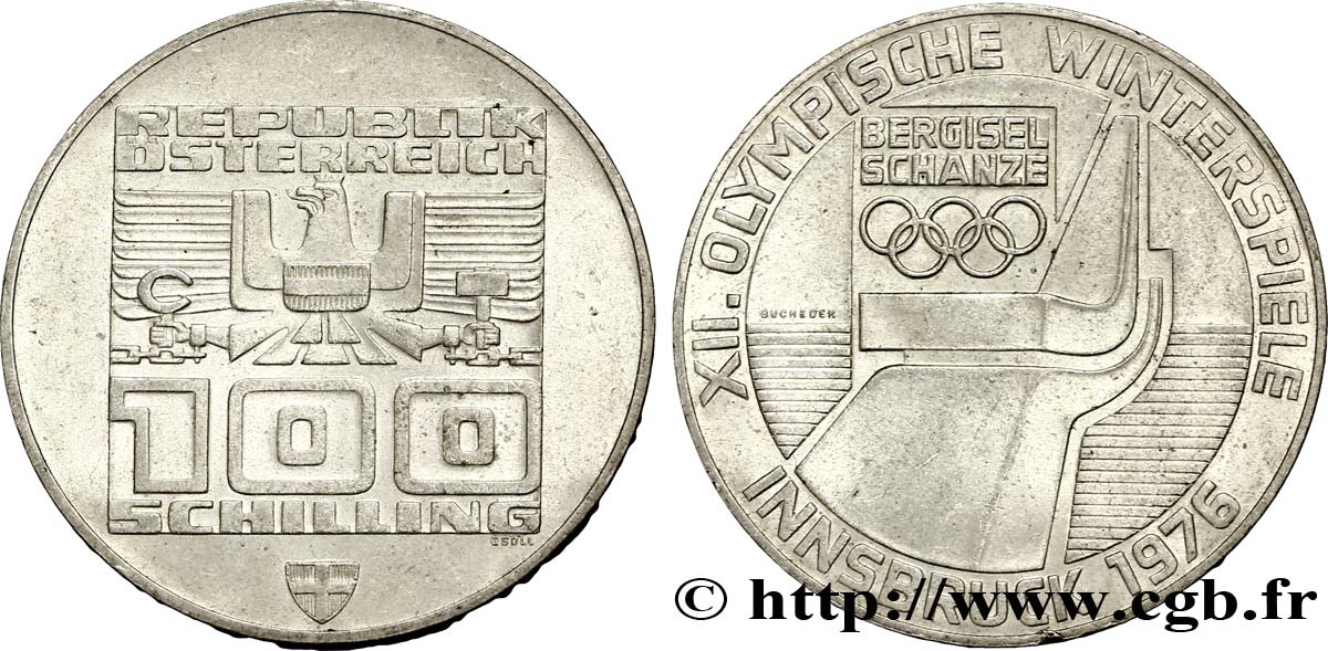 AUTRICHE 100 Schilling J.O. d’hiver d’Innsbruck 1976 - tremplin olympique, blason de Vienne 1974 Vienne SUP 