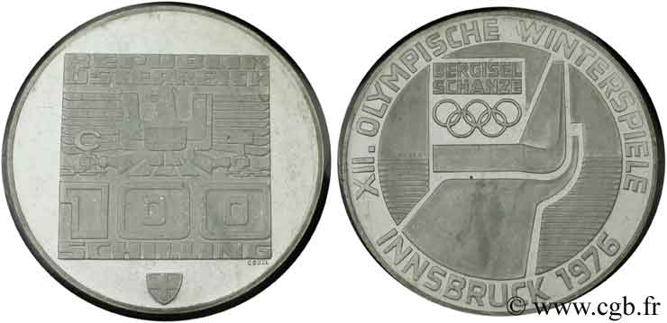 AUTRICHE 100 Schilling Proof J.O. d’hiver d’Innsbruck 1976 - tremplin olympique, bouclier de l’atelier de Vienne 1974 Vienne FDC 