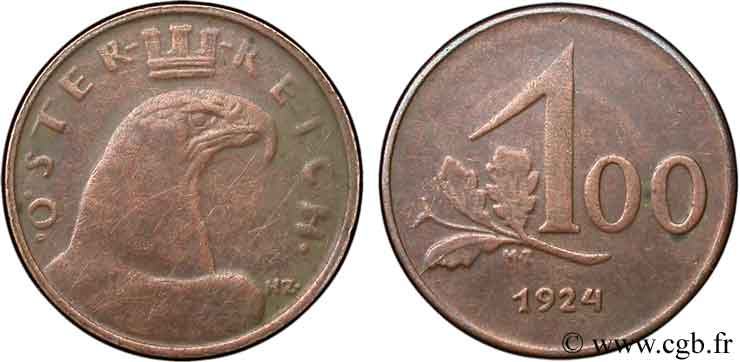 AUTRICHE 100 Kronen aigle 1924  TTB+ 