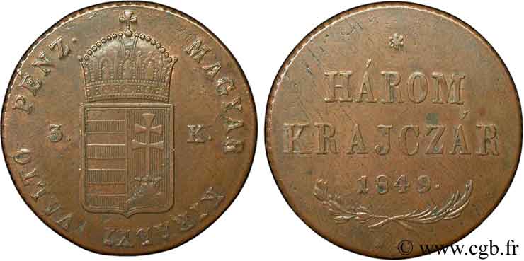 HONGRIE 3 Krajczar monnayage de la guerre d’indépendance 1849  TTB+ 