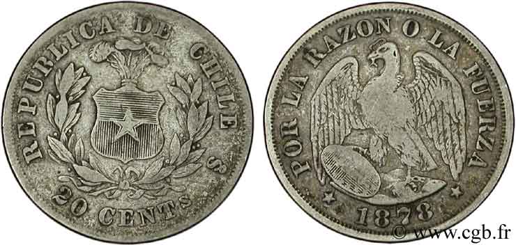 CHILI 20 Centavos emblème / condor 1878 Santiago - S° TB+ 