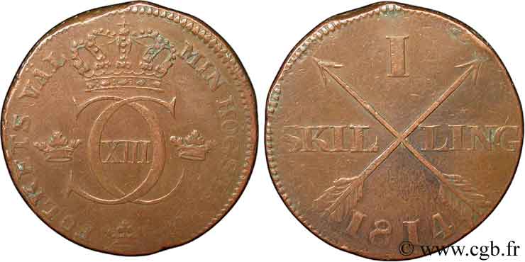 SUÈDE 1 Skilling monograme Charles XIII 1814  TB 