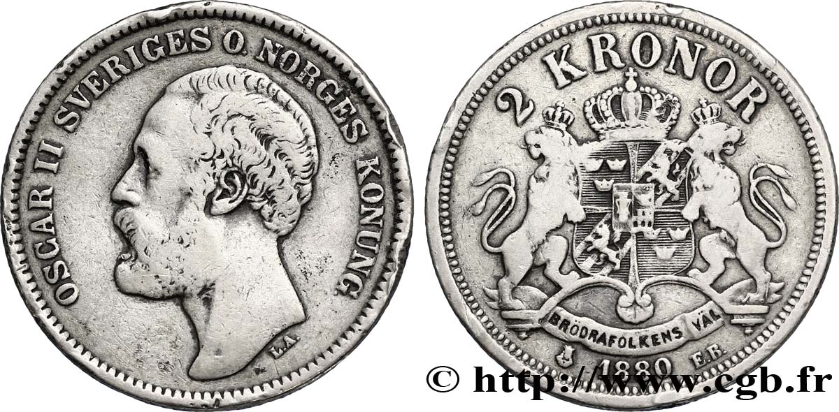 SUÈDE 2 Kronor Oscar II de Suède et de Norvège 1880  TB 