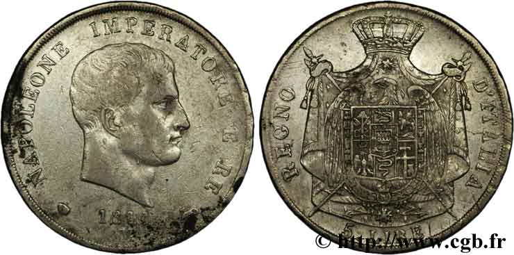 ITALIE - ROYAUME D ITALIE - NAPOLÉON Ier 5 Lire Napoléon Empereur et Roi d’Italie tranche en creux 1811 Milan - M TB+ 