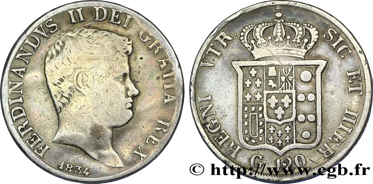 ITALIE - ROYAUME DES DEUX-SICILES 120 Grana Ferdinand II, roi de Naples et Sicile 1834 Naples TB 